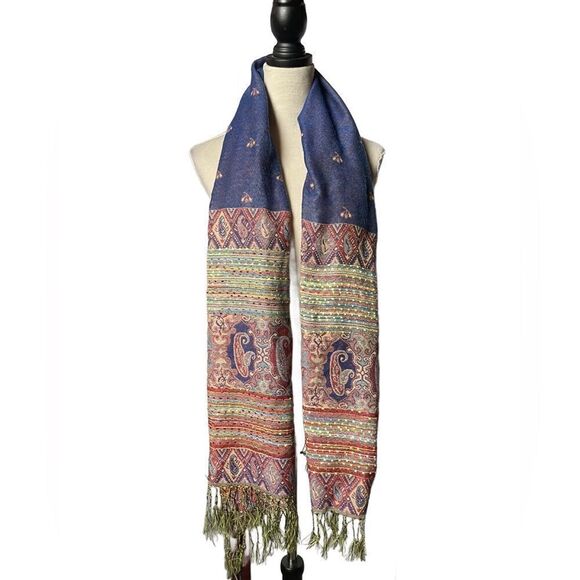 Pashmina Shawl/Scarf Multicolor w/Embroidered Designs & Tassels - Picture 4 of 15